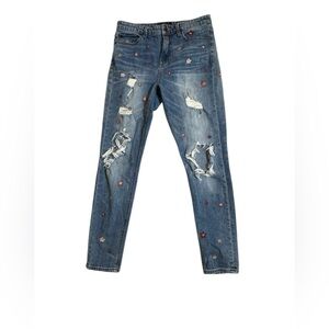 Lucky Brand Bridgette Skinny Jeans 6/28 Embroidered Floral Distressed Blue